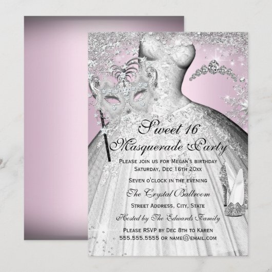 Roze Zilveren Prinses Masquerade Sweet 16 Uitnodig Kaart (Voorkant / Achterkant)
