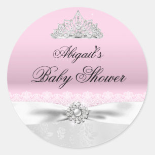 Roze & Zilveren Prinsessen Kroon Baby Shower Stick Ronde Sticker