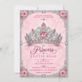 Roze Zilveren Prinsessen Kroon Verjaardagsuitnodig Kaart