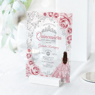 Roze Zilveren Quinceanera Bloem Acryl Uitnodigingen