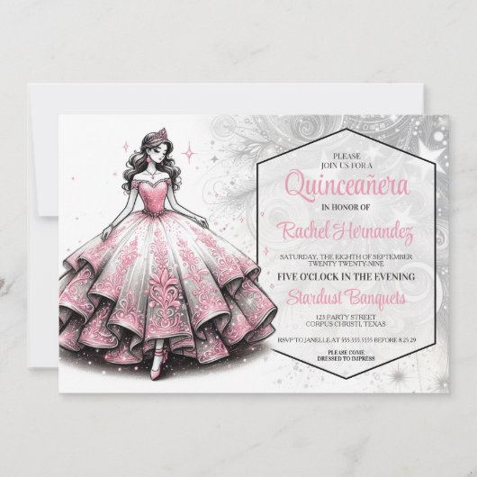 Roze & Zilveren Quinceañera Meisje Kaart (Voorkant)
