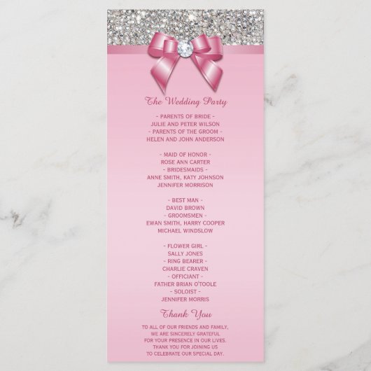 Roze Zilveren Sequin Diamond Bow Wedding Programma (Achterkant)