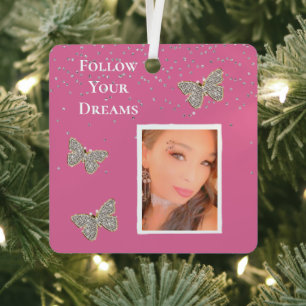 Roze zilveren Sparkle Butterflies op uw foto Metalen Ornament