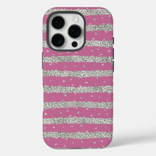 Roze zilveren Sparkly Confetti Stripes iPhone 16 Pro Hoesje