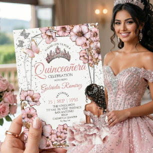 Roze Zilveren Tiara Bloem Vlinder Quinceañera Kaart