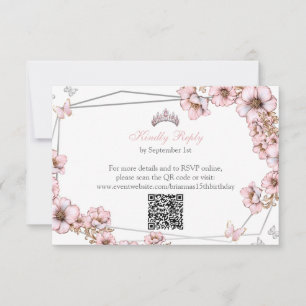 Roze Zilveren Tiara Vlinder Quinceañera RSVP Kaartje