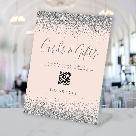 Roze Zilveren Trouwkaarten Cadeaus QR Code Reclamebord Met Voetstuk