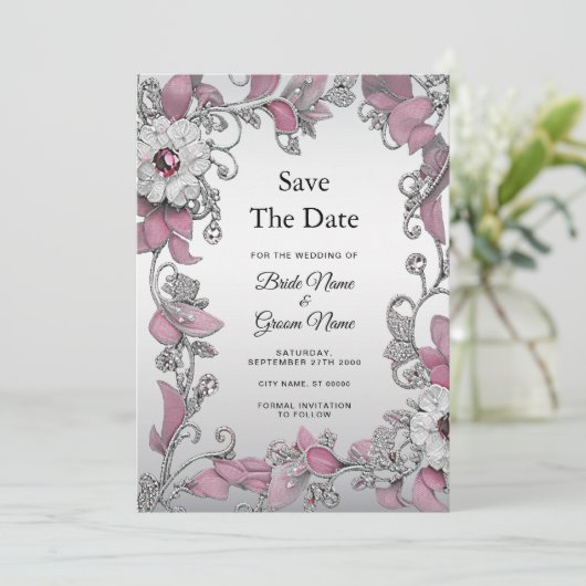 Roze zilveren witte bloem Bewaar de datum Save The Date