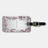 Roze Zilveren Witte Bloemen Bagagelabel (Voorkant horizontaal)