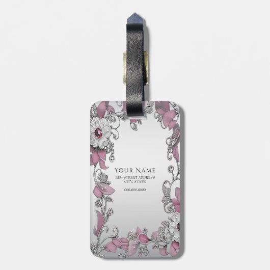 Roze Zilveren Witte Bloemen Bagagelabel (Achterkant verticaal)