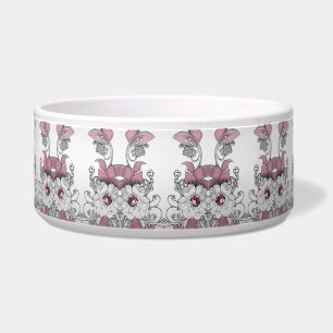 Roze Zilveren Witte Bloemen Keramische Pet Bowl Voerbakje