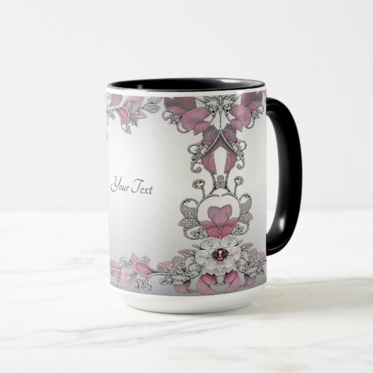 Roze Zilveren Witte Bloemen Mok (Voorkant rechts)