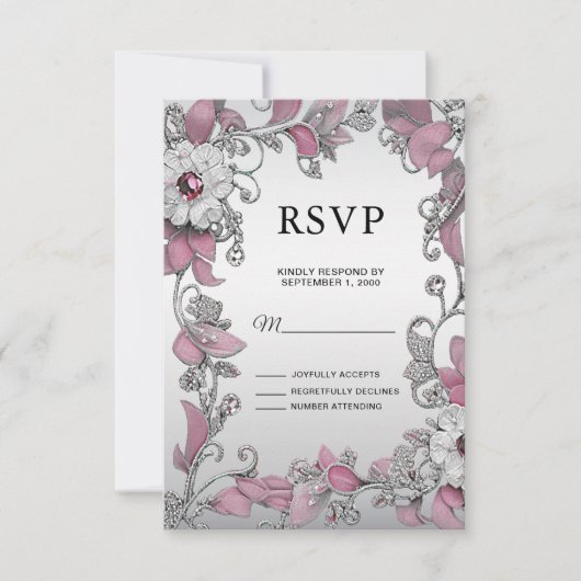 Roze Zilveren Witte Bloemen RSVP Kaart (Voorkant)