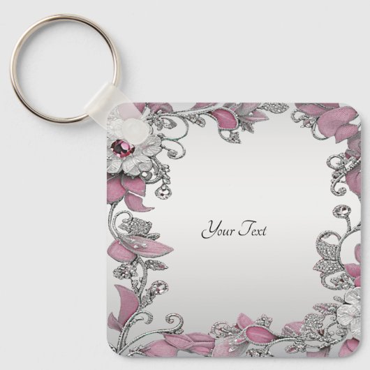 Roze Zilveren Witte Bloemen Sleutelhanger (Voorkant)