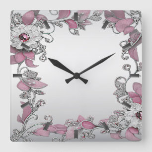 Roze Zilveren Witte Bloemen Wandklok Vierkante Klok