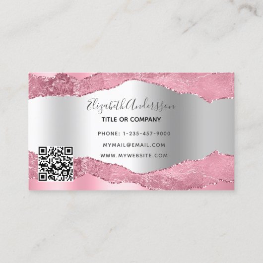 Roze zilverkleurige marmer QR-code Visitekaartje (Achterkant)