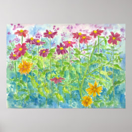 Roze Zinnia Daisy Garden Waterverf Flowers Poster