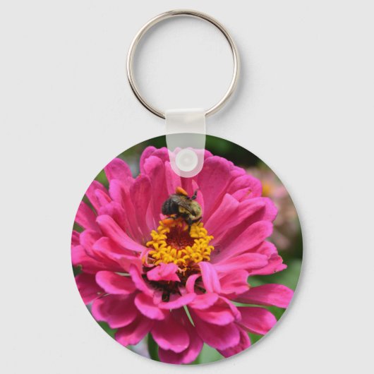Roze Zinnia en Bumble bee Sleutelhanger (Voorkant)