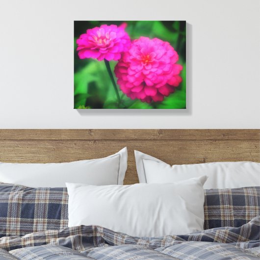 Roze Zinnia Flower Pair Canvas Afdruk (Insitu (Slaapkamer))
