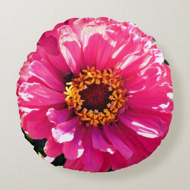Roze Zinnia Rond Kussen (Voorkant)