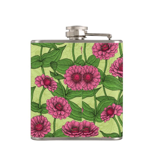 Roze Zinnias op lichtgroen Heupfles (Achterkant)