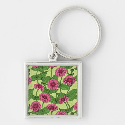 Roze Zinnias op lichtgroen Sleutelhanger (Voorkant)