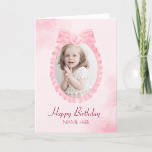 Roze zoet lint boog meisjesfoto Gelukkige Verjaard Feestdagen Kaart