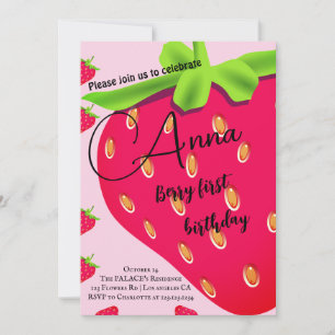 Roze zomer aardbei 1e verjaardag uitnodigingen