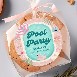 Roze zomer zwembadfeest verjaardagssticker ronde sticker