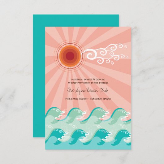 Roze zon & Aqua Waves Beach Wedding Reception Kaar Kaart (Voorkant / Achterkant)