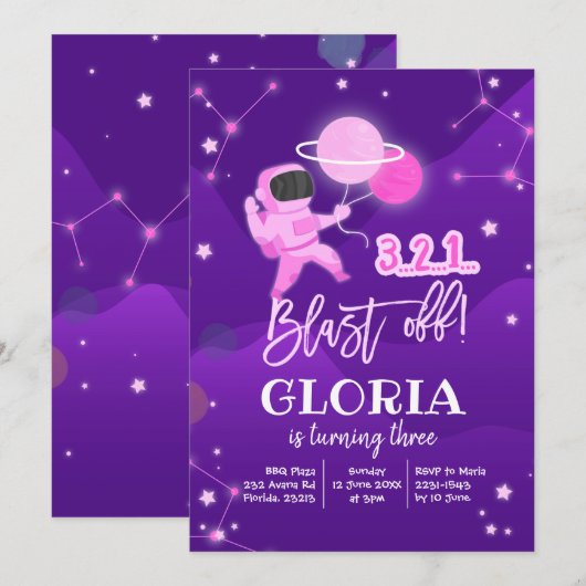 Roze zonne-energie Galaxy Birthday uitnodiging (Voorkant / Achterkant)