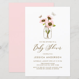 Roze zonnebloemen in Mason Jar Baby shower Invite