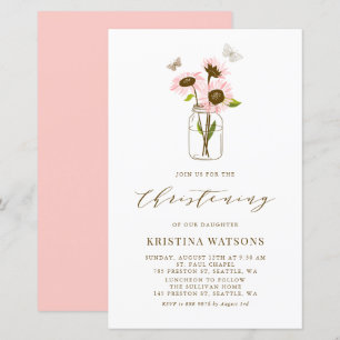 Roze zonnebloemen in Mason Jar Christening Invite