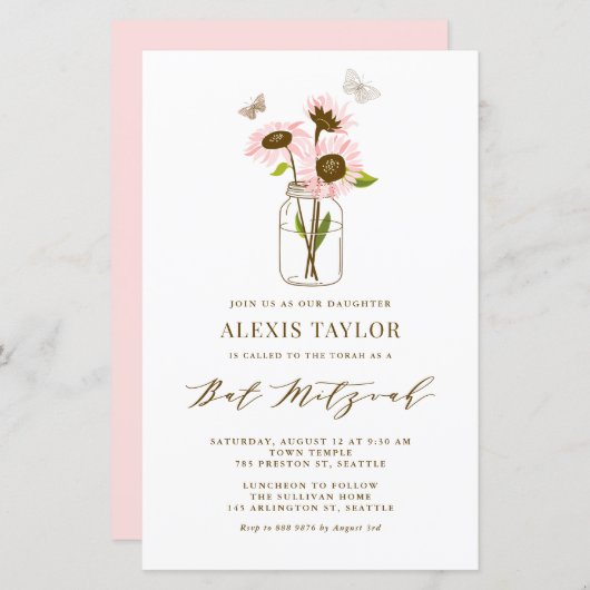 Roze zonnebloemen Mason Jar Bat Mitzvah (Voorkant / Achterkant)