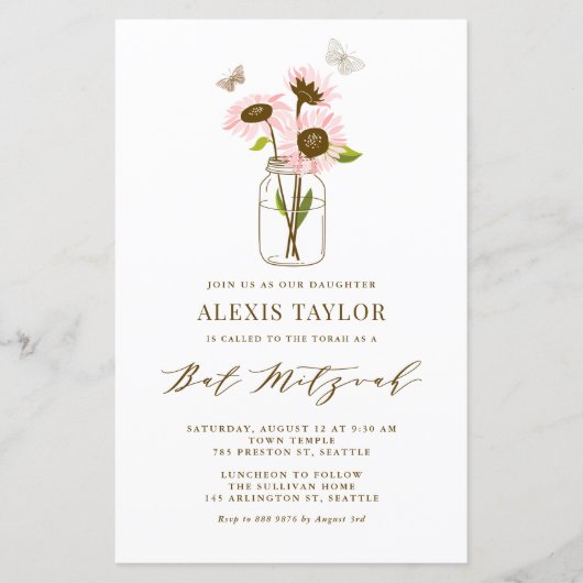 Roze zonnebloemen Mason Jar Bat Mitzvah (Voorkant)