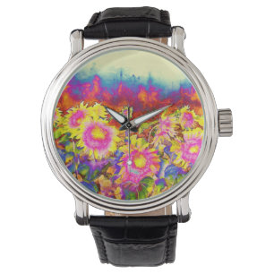 Roze zonnebloemvelden horloge