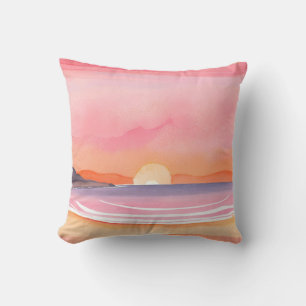 Roze zonsondergang Aquarel strand lucht schilder Kussen