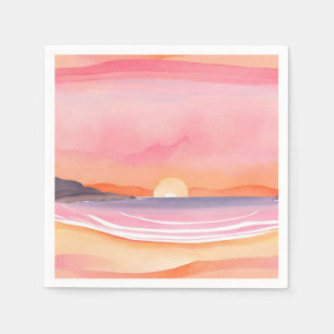 Roze Zonsondergang   Aquarel Strand Lucht Schilder Servet
