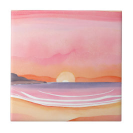 Roze Zonsondergang | Aquarel Strand Lucht Schilder Tegeltje