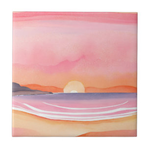 Roze Zonsondergang Aquarel Strand Lucht Schilder Tegeltje