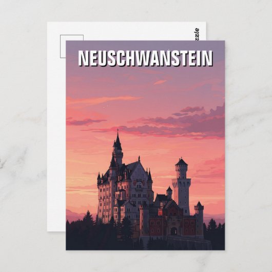 Roze Zonsondergang Neuschwanstein Kasteel Duitslan Briefkaart (Voorkant / Achterkant)