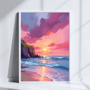 Roze Zonsondergang Oceaan Strand Golven Aquarel Poster