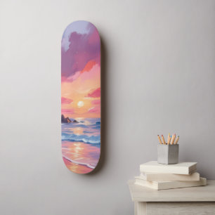 Roze Zonsondergang Oceaan Strand Golven Aquarel Skateboard