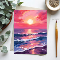 Roze Zonsondergang Paarse Oceaangolven Waterverf