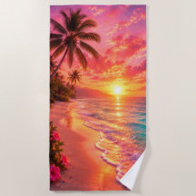 Roze Zonsondergang Paradijs Strandhanddoek