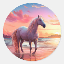 Roze Zonsondergang Strand Palomino Paard Sticker
