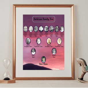 Roze zonsondergangslucht boven berg ovale vooroude poster