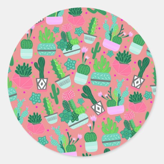 Roze Zuidwestelijke Cactuspatroon Zoete 16 Feestje Ronde Sticker (Voorkant)