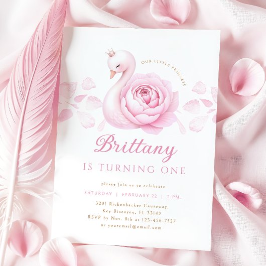 Roze Zwaan Bloemen Eerste Verjaardag Uitnodiging