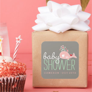Roze Zwangere Mama Walvis Meisje Baby Shower Feest Vierkante Sticker